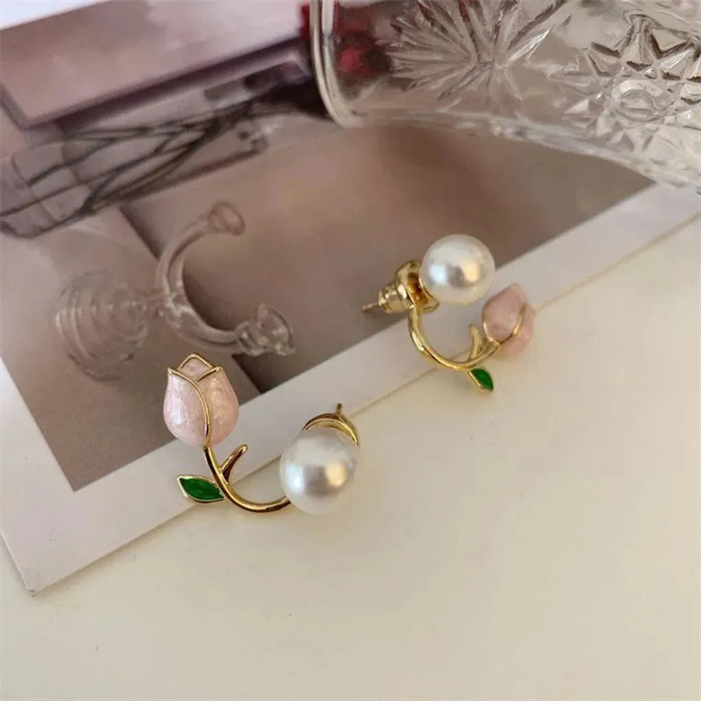 Luxurious French Tulip Imitation Pearl Stud Earrings-ReesJewels-ReesJewels