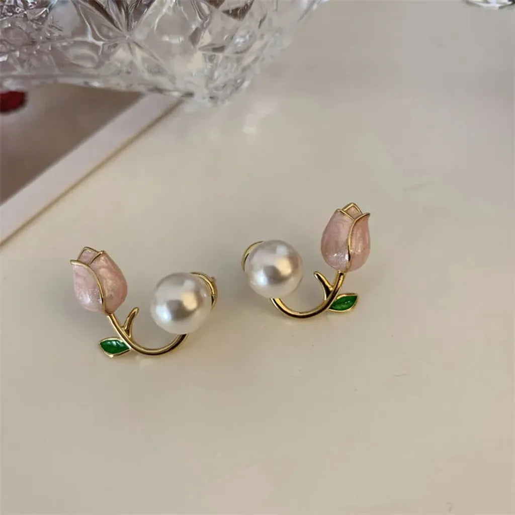 Luxurious French Tulip Imitation Pearl Stud Earrings