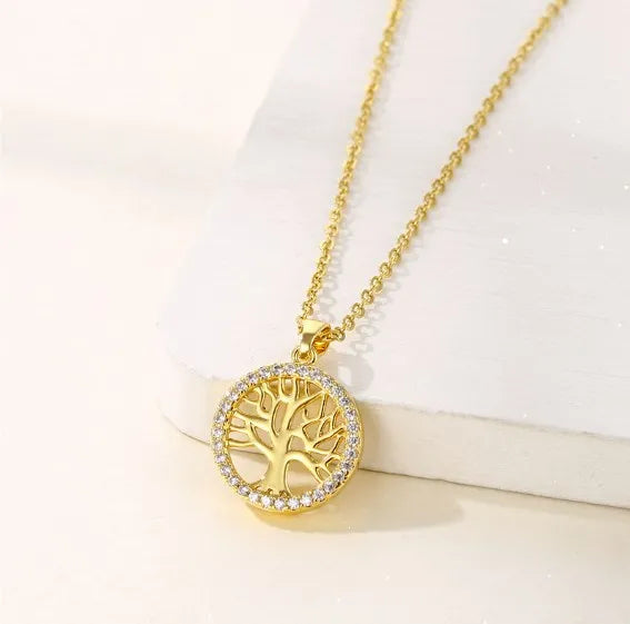 Luxury Rhinestone Tree of Life Pendant Necklace-Rees Jewels-Gold with border-ReesJewels