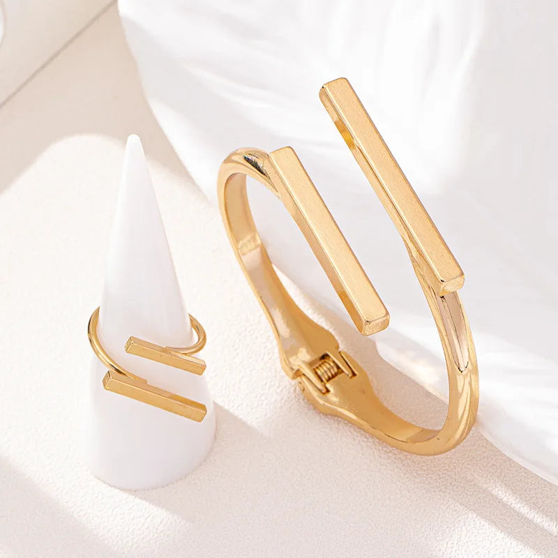 Minimalistic Geometric Open Bracelet And Ring Set