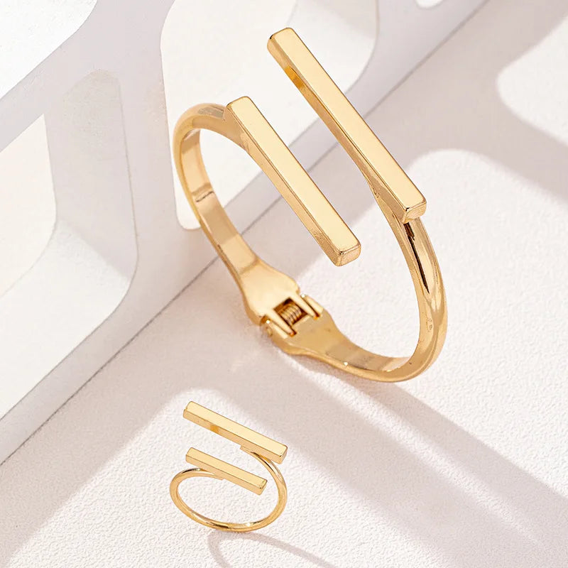 Minimalistic Geometric Open Bracelet And Ring Set-Rees Jewels-Gold-ReesJewels
