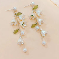 Pearly Lustre White Tulip Green Leaves Tassel Earrings-ReesJewels-ReesJewels