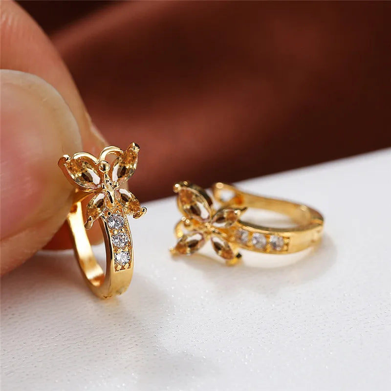 Pretty Crystal Stone Butterfly Hoop Earrings-Rees Jewels-Champagne-ReesJewels