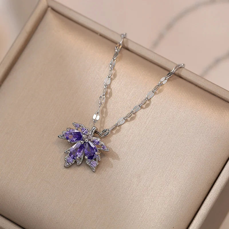 Pretty Maple Leaf Crystal Pendant Necklace-Rees Jewels-ReesJewels