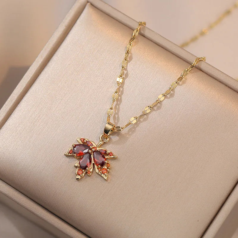 Pretty Maple Leaf Crystal Pendant Necklace-Rees Jewels-Red-ReesJewels