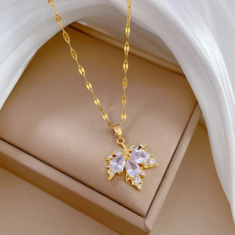 Pretty Maple Leaf Crystal Pendant Necklace