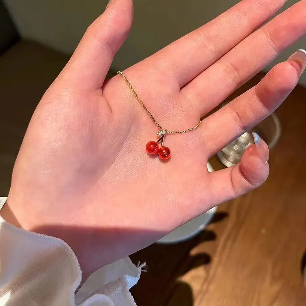 Pretty Wine Red Cherry Pendant Necklace