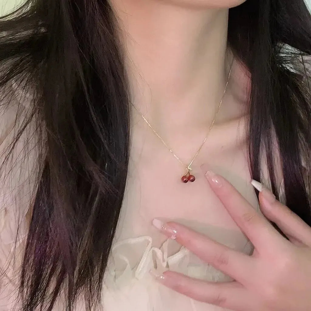 Pretty Wine Red Cherry Pendant Necklace-ReesJewels-ReesJewels