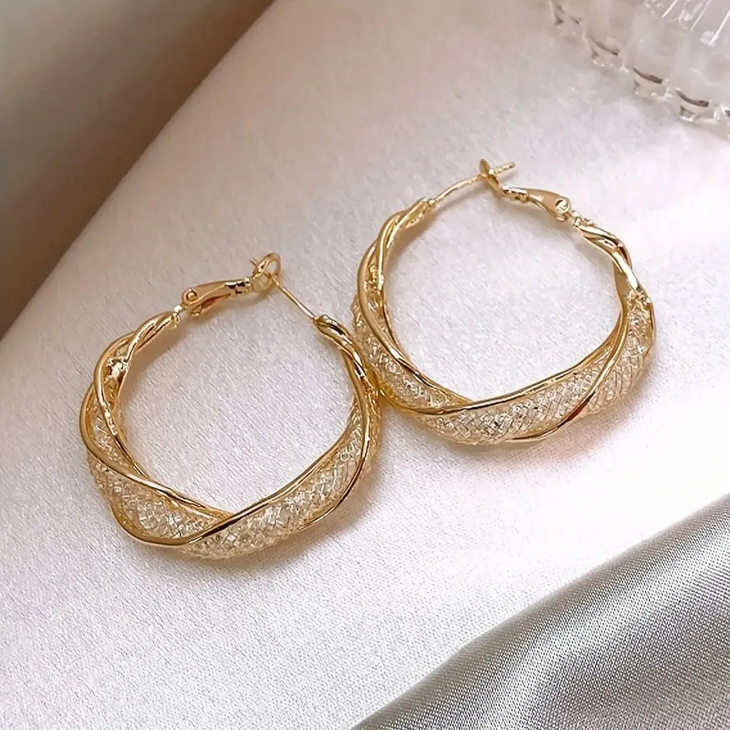 Shiny Mesh Rhinestone Twisted Hoop Earrings