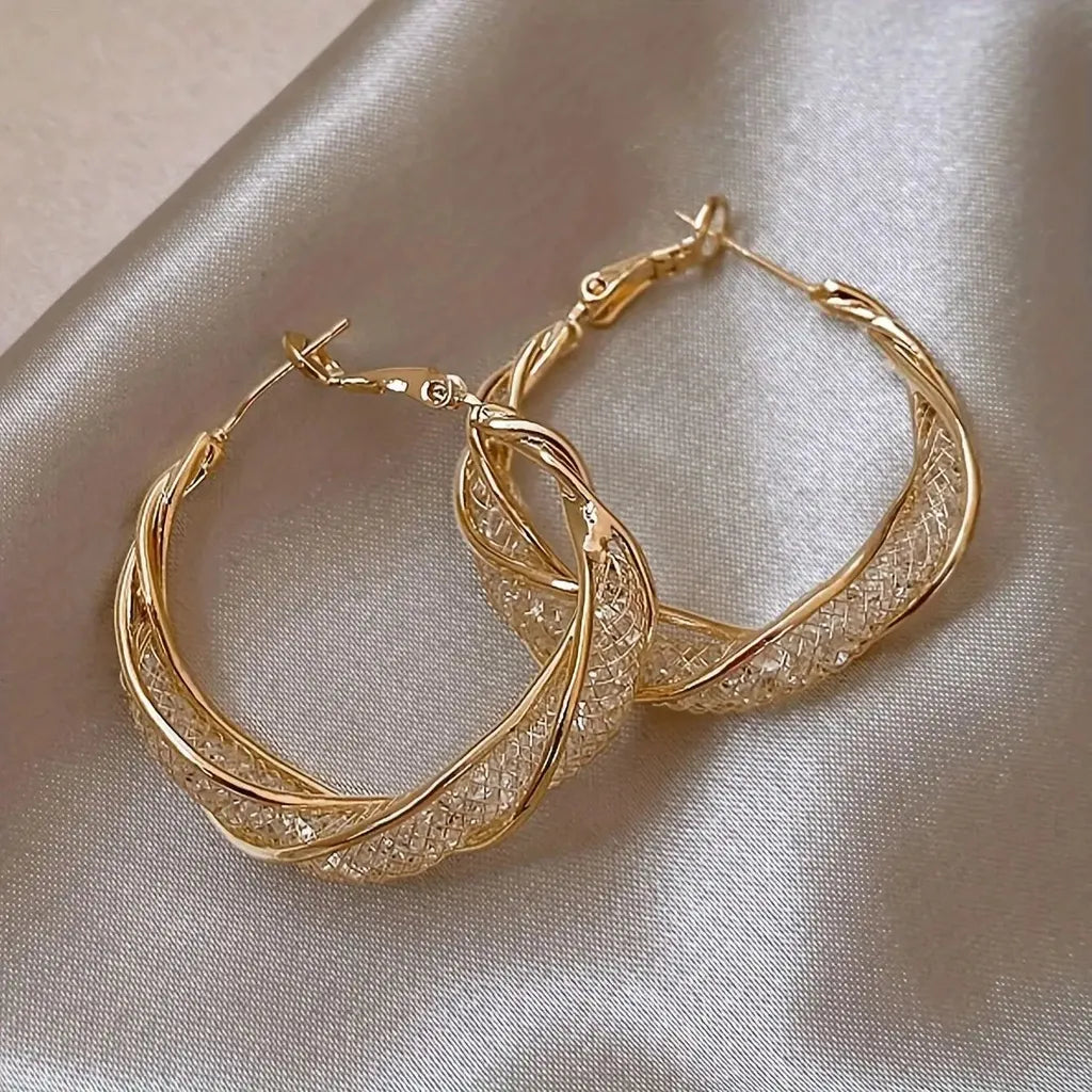 Shiny Mesh Rhinestone Twisted Hoop Earrings