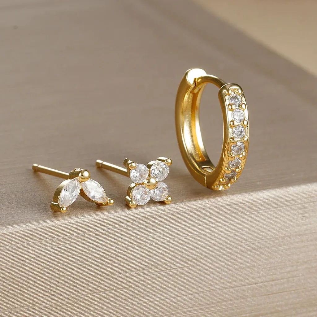 Simple Zirconia Leaf Flower Earring Set