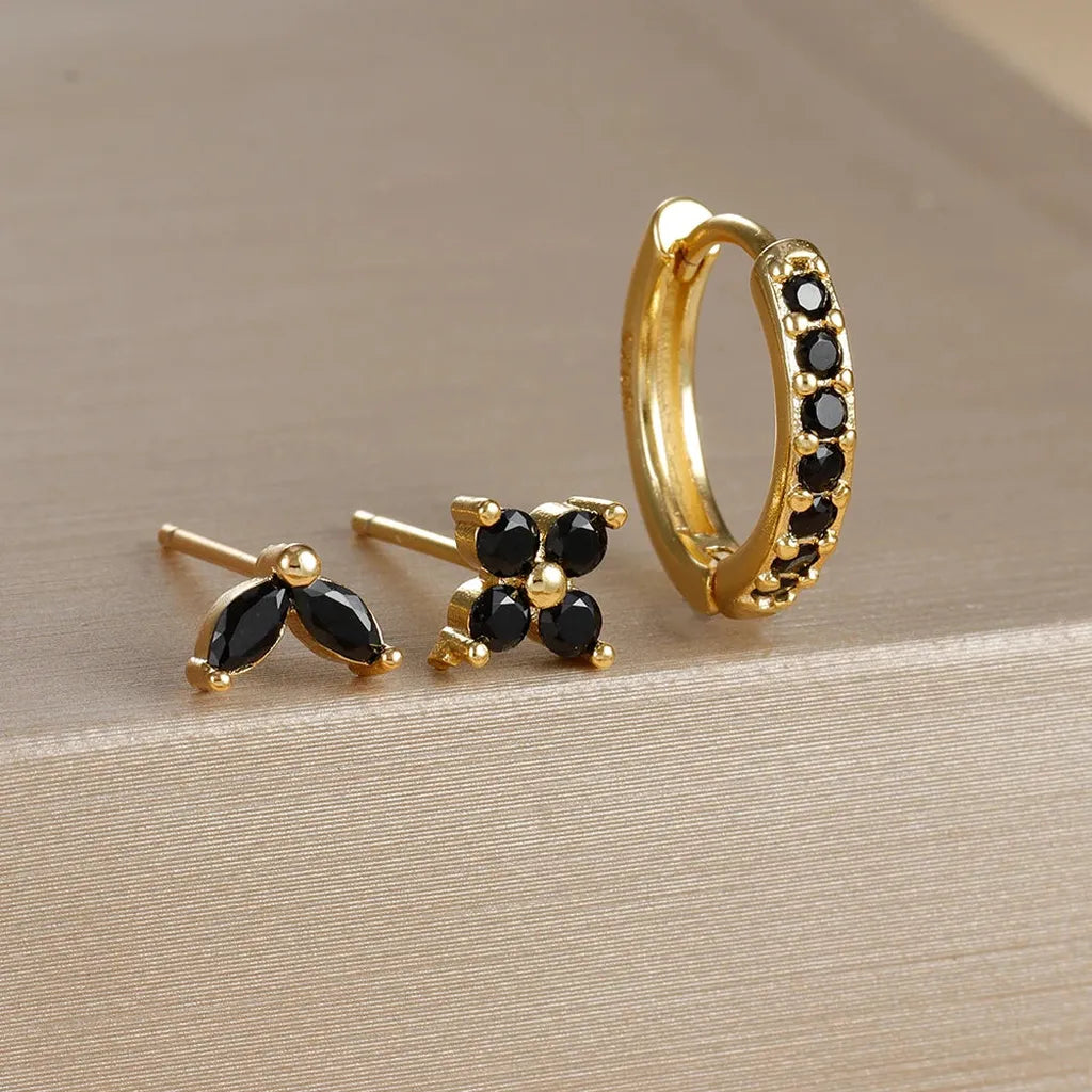 Simple Zirconia Leaf Flower Earring Set-ReesJewels-Gold - Black-ReesJewels