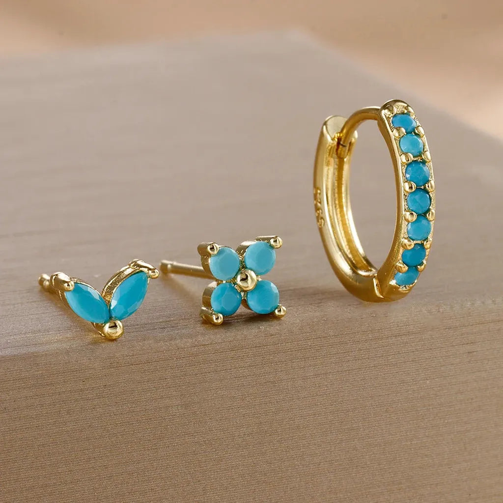 Simple Zirconia Leaf Flower Earring Set-ReesJewels-Gold - Blue-ReesJewels