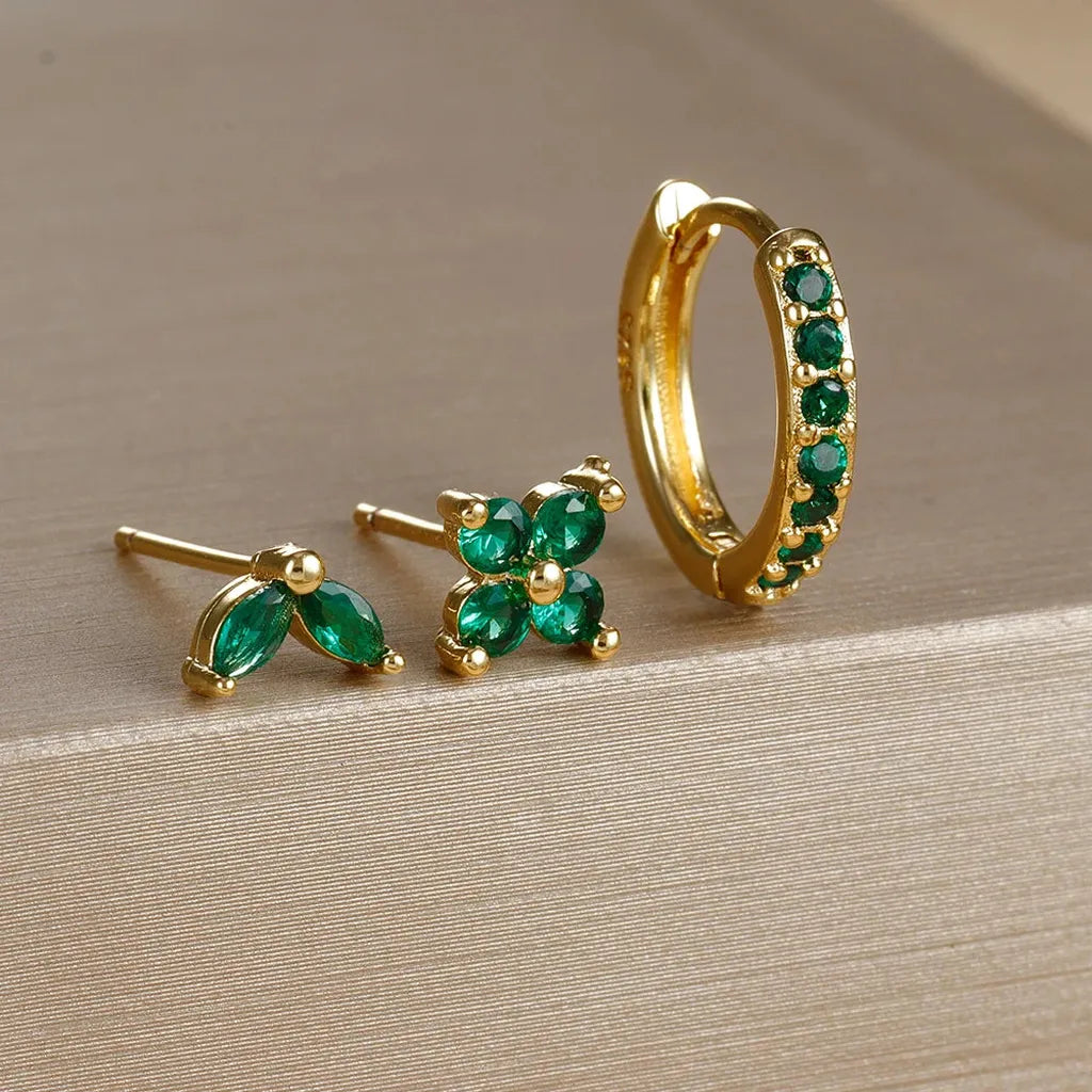 Simple Zirconia Leaf Flower Earring Set-ReesJewels-Gold - Green-ReesJewels