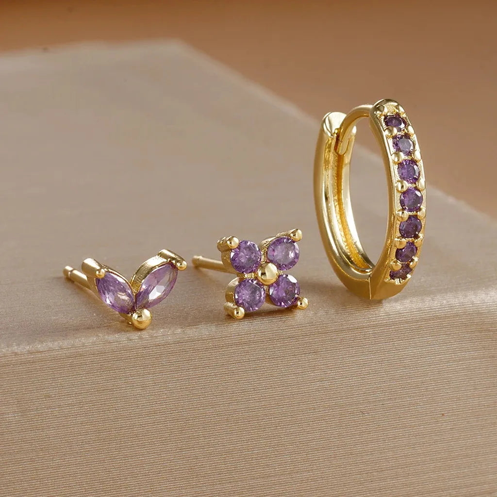 Simple Zirconia Leaf Flower Earring Set-ReesJewels-Gold - Purple-ReesJewels