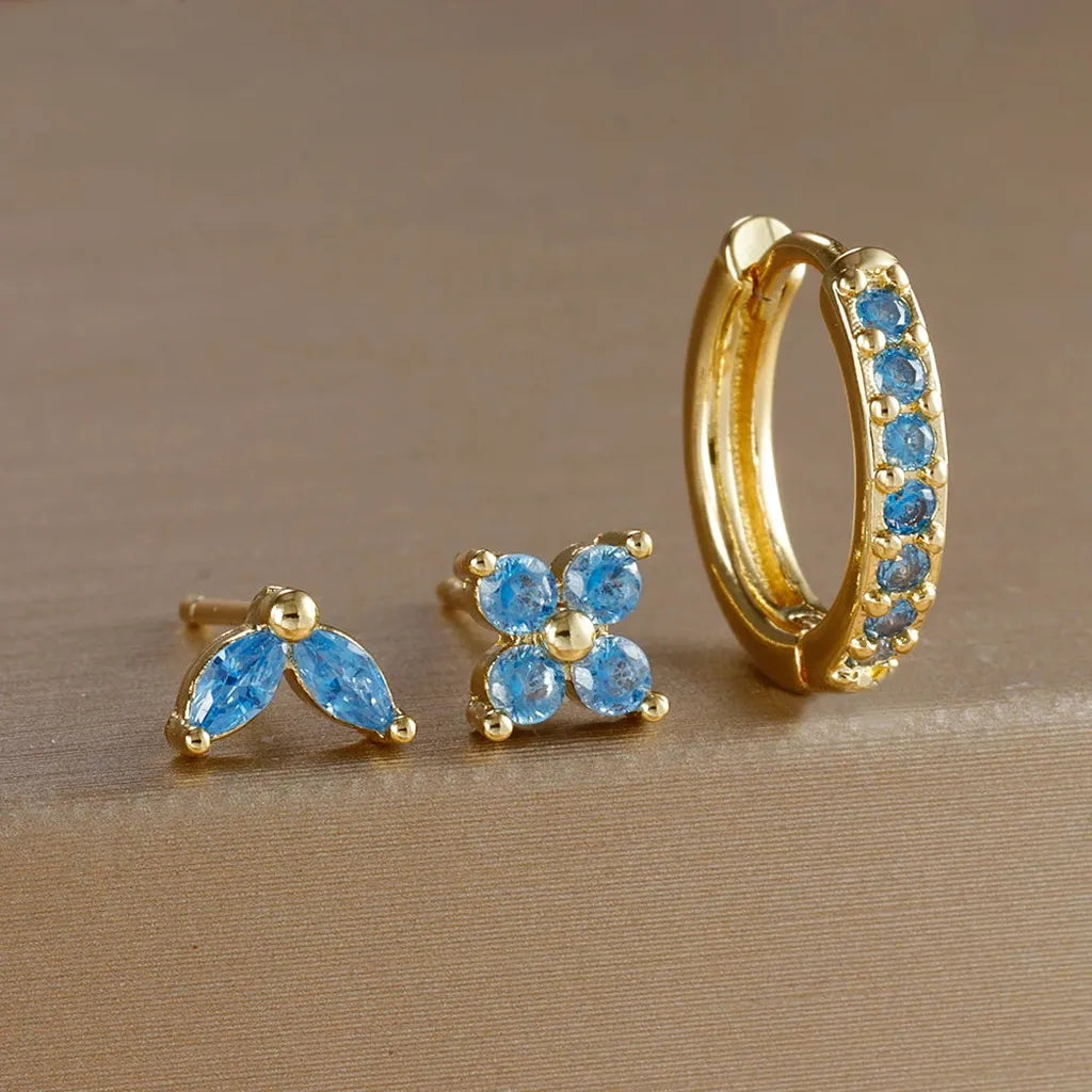 Simple Zirconia Leaf Flower Earring Set-ReesJewels-Gold - Sky Blue-ReesJewels