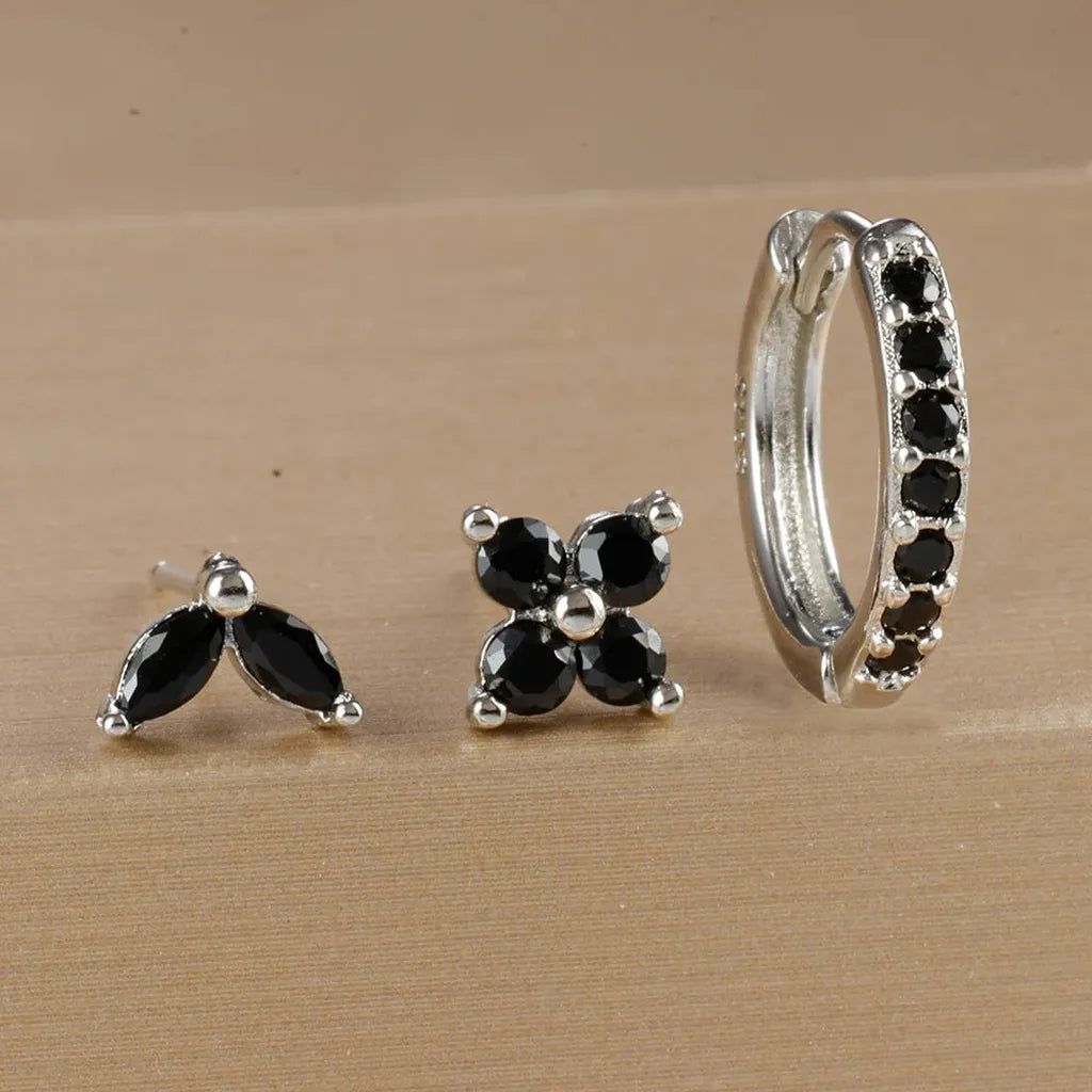 Simple Zirconia Leaf Flower Earring Set-ReesJewels-Silver - Black-ReesJewels