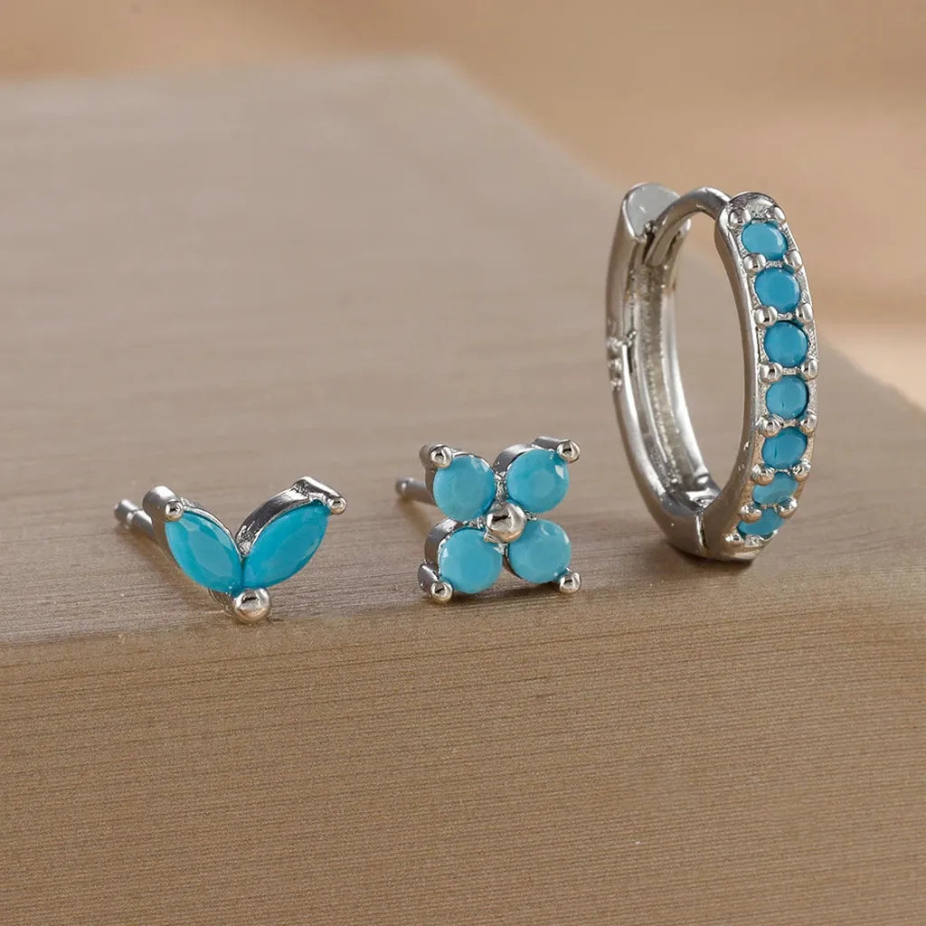 Simple Zirconia Leaf Flower Earring Set-ReesJewels-Silver - Blue-ReesJewels