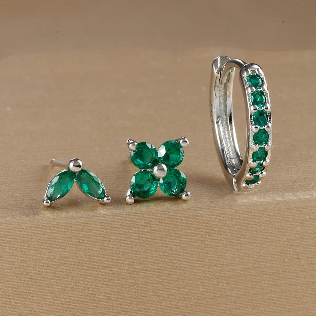 Simple Zirconia Leaf Flower Earring Set-ReesJewels-Silver - Green-ReesJewels