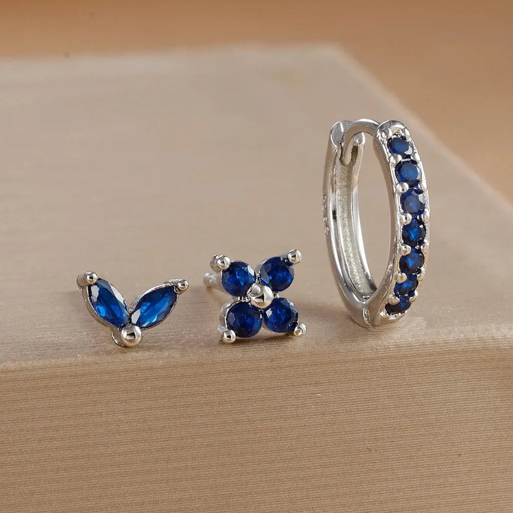 Simple Zirconia Leaf Flower Earring Set-ReesJewels-Silver - Navy-ReesJewels