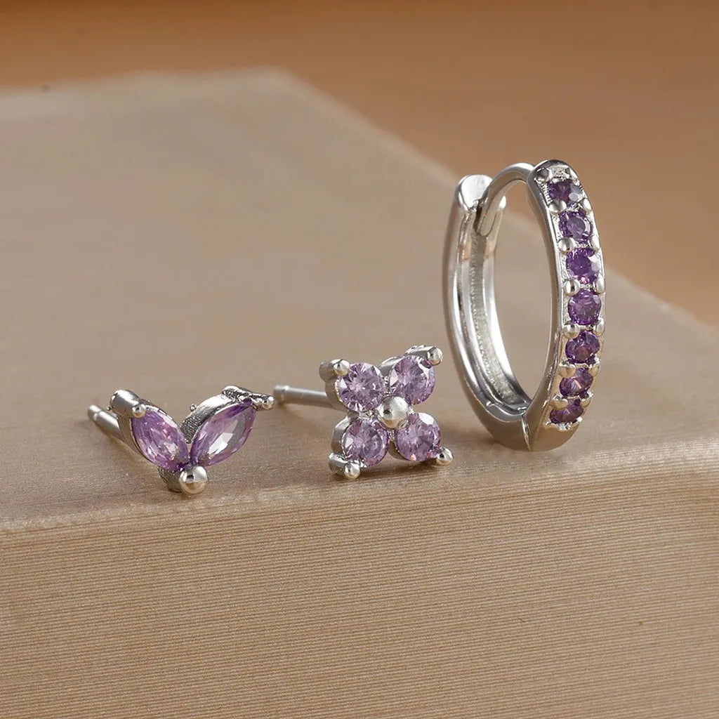 Simple Zirconia Leaf Flower Earring Set-ReesJewels-Silver - Purple-ReesJewels
