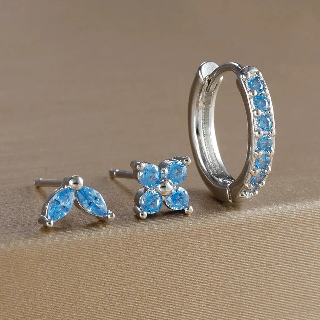 Simple Zirconia Leaf Flower Earring Set-ReesJewels-Silver - Sky Blue-ReesJewels