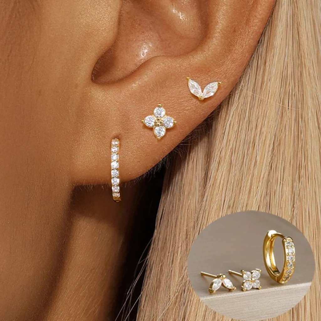 Simple Zirconia Leaf Flower Earring Set