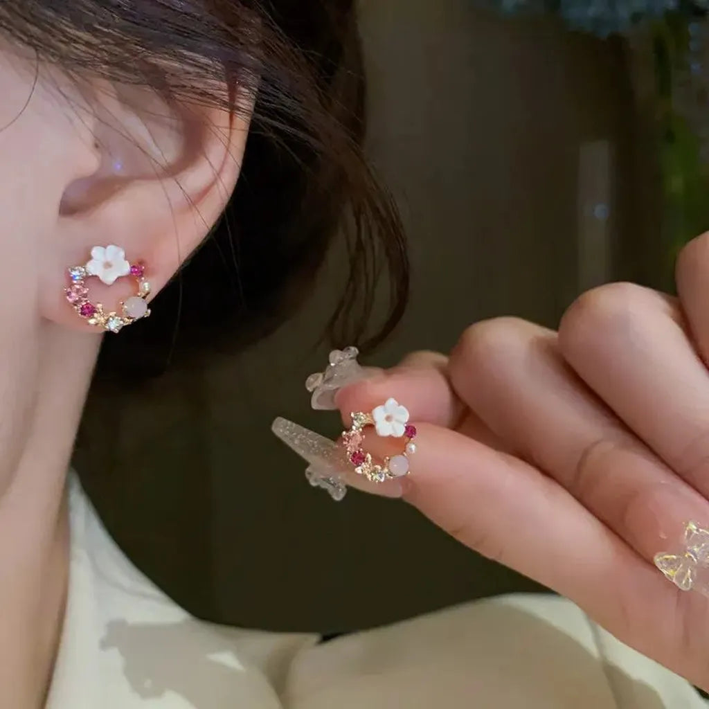 Sparkly Crystal Flower Leaves Stud Earrings-ReesJewels-ReesJewels