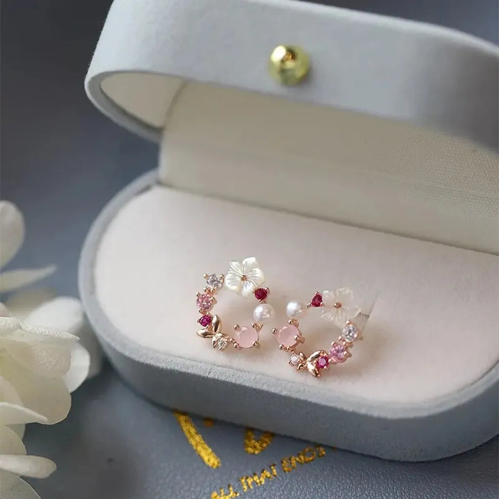 Sparkly Crystal Flower Leaves Stud Earrings-ReesJewels-ReesJewels