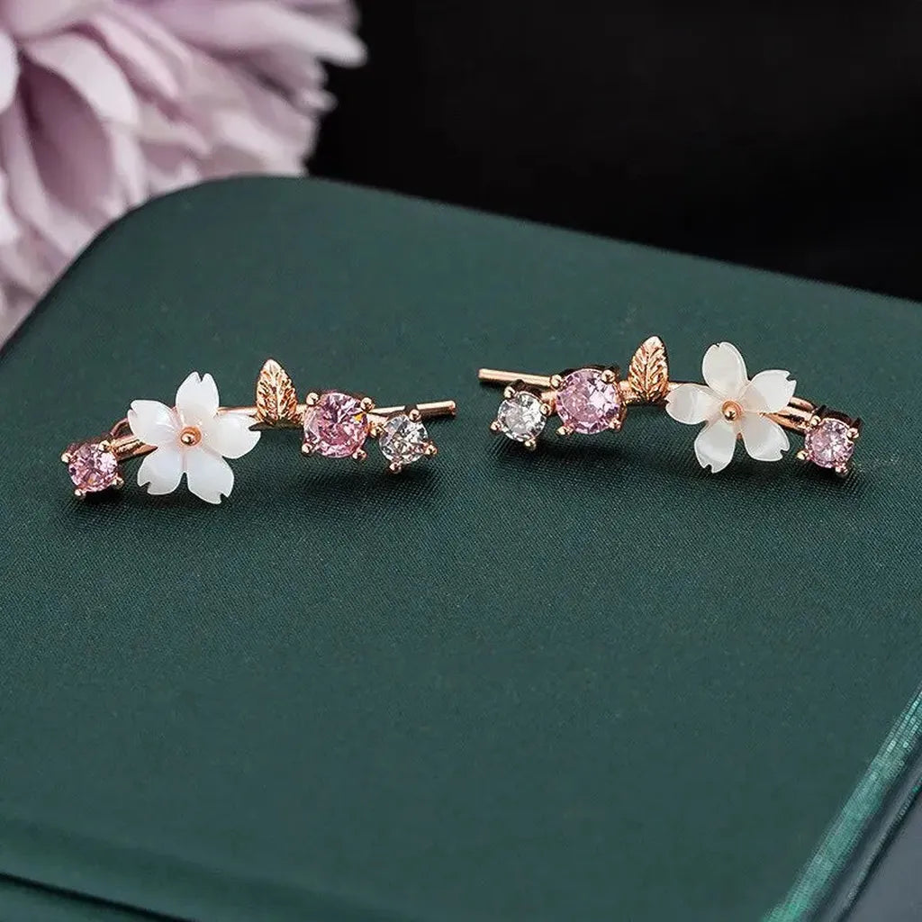 Sparkly Crystal Flower Leaves Stud Earrings