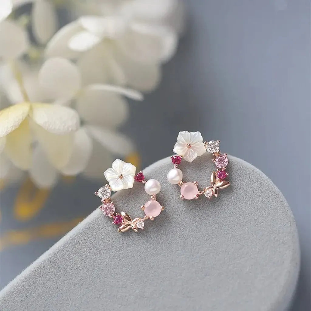 Sparkly Crystal Flower Leaves Stud Earrings