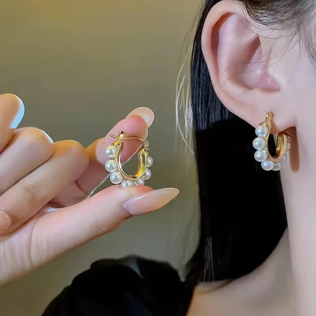 Stylish U-Shaped Hoop Imitation Pearl Earrings-ReesJewels-ReesJewels