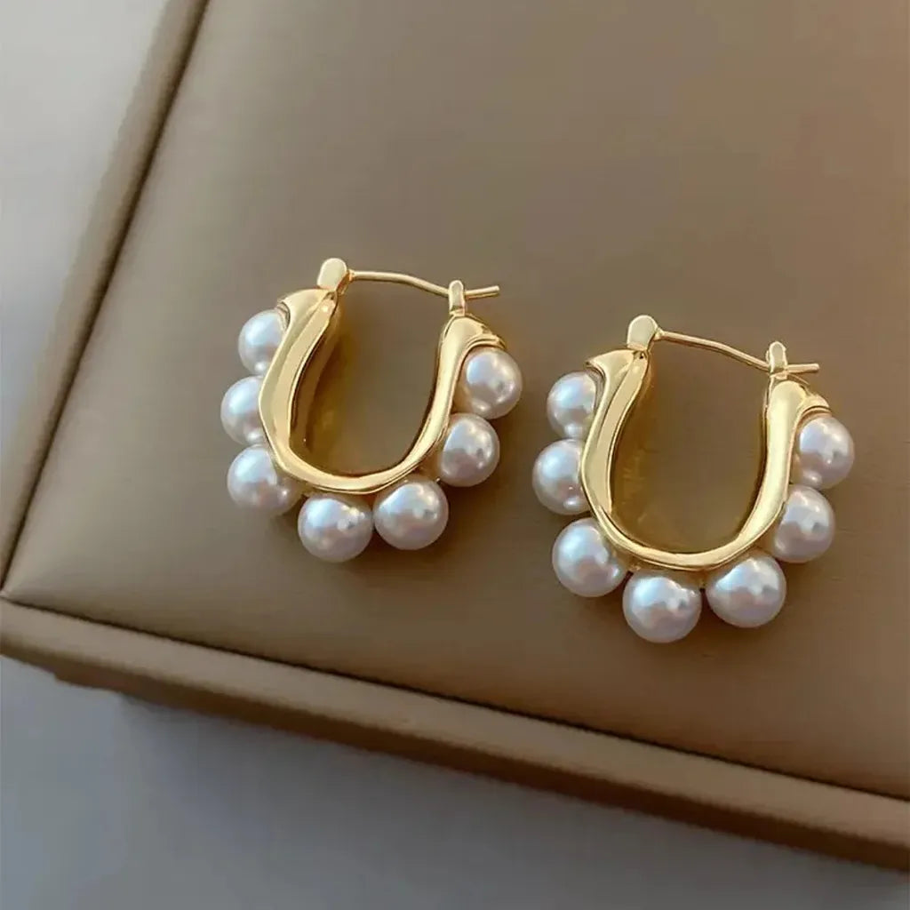 Stylish U-Shaped Hoop Imitation Pearl Earrings-ReesJewels-ReesJewels