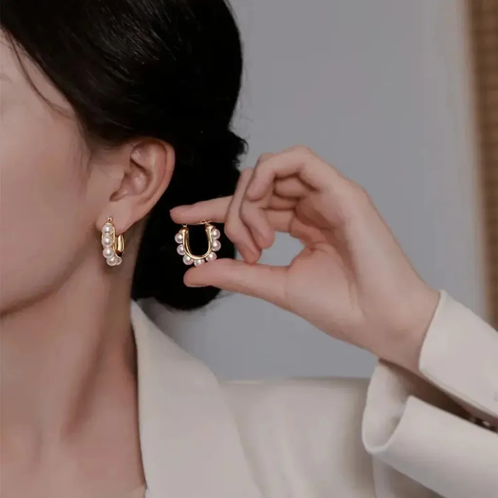Stylish U-Shaped Hoop Imitation Pearl Earrings-ReesJewels-ReesJewels