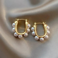 Stylish U-Shaped Hoop Imitation Pearl Earrings-ReesJewels-ReesJewels