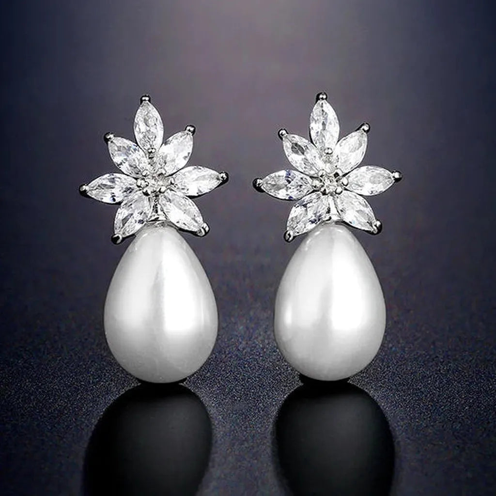Timeless Floral Zirconia Imitation Pearls Drop Earrings