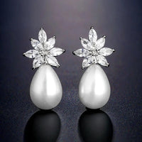Timeless Floral Zirconia Imitation Pearls Drop Earrings-ReesJewels-ReesJewels
