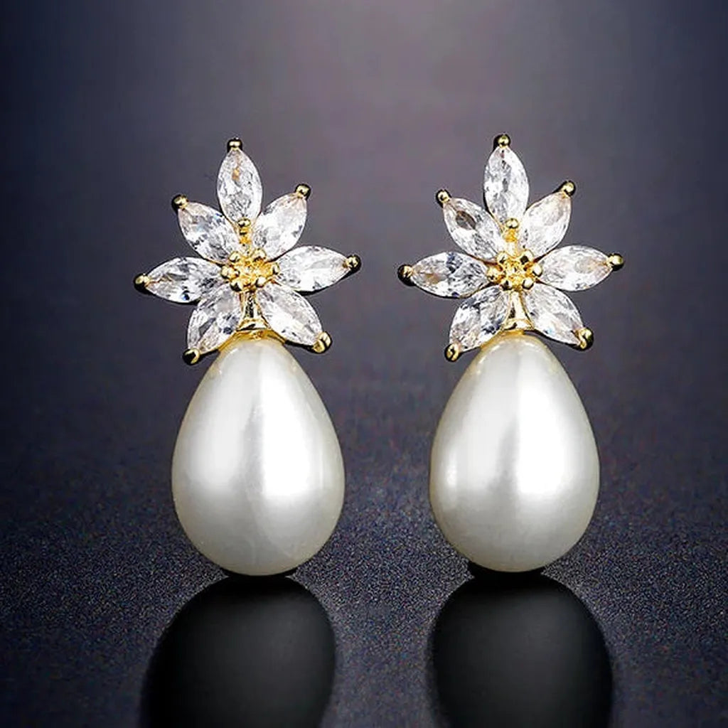 Timeless Floral Zirconia Imitation Pearls Drop Earrings