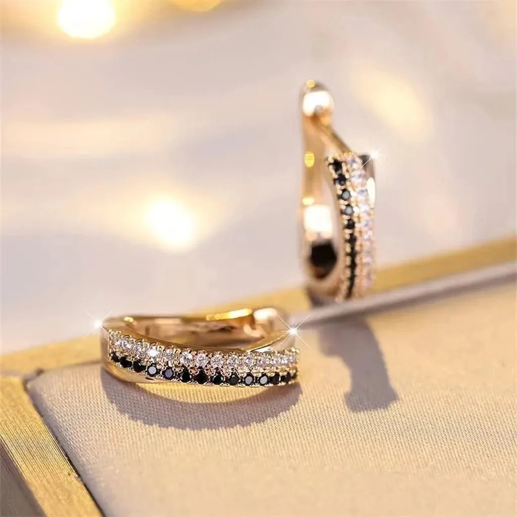 Trendy Crystal Black & White Hoop Earrings-ReesJewels-ReesJewels