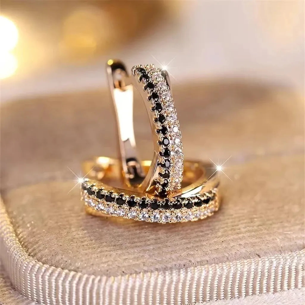 Trendy Crystal Black & White Hoop Earrings-ReesJewels-ReesJewels