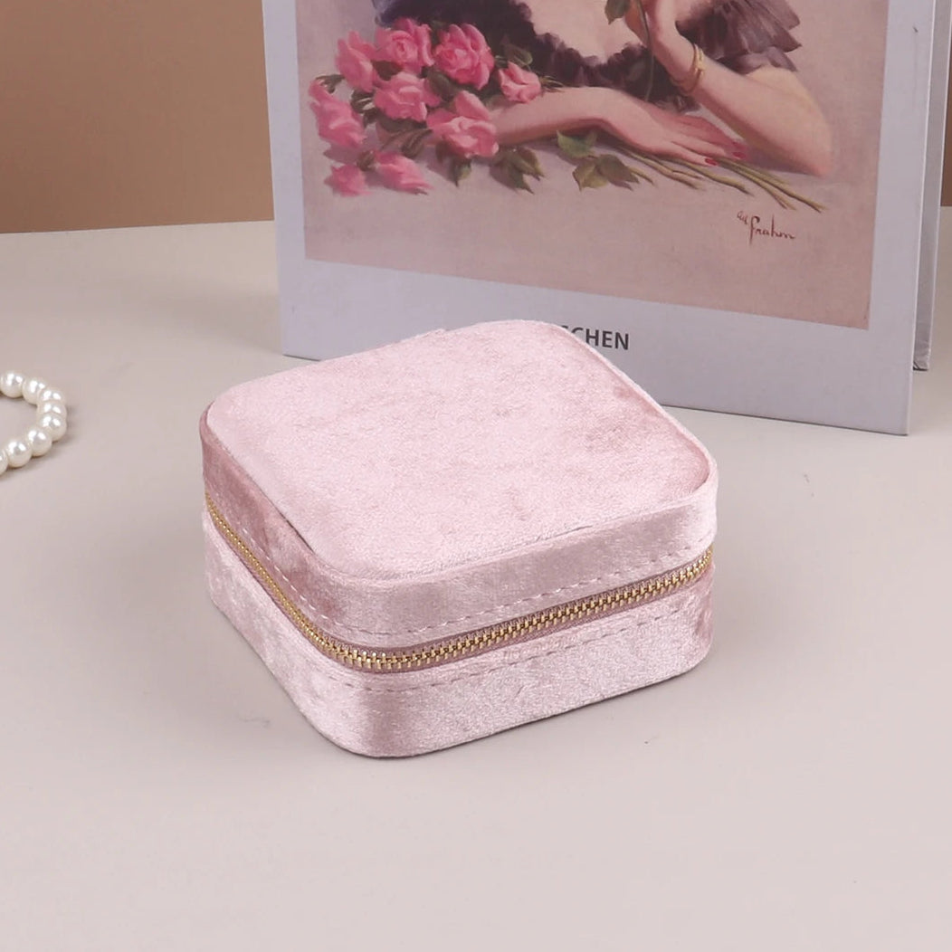 Velvet Travel Zipper Jewelry Box-Rees Jewels-Pink-ReesJewels