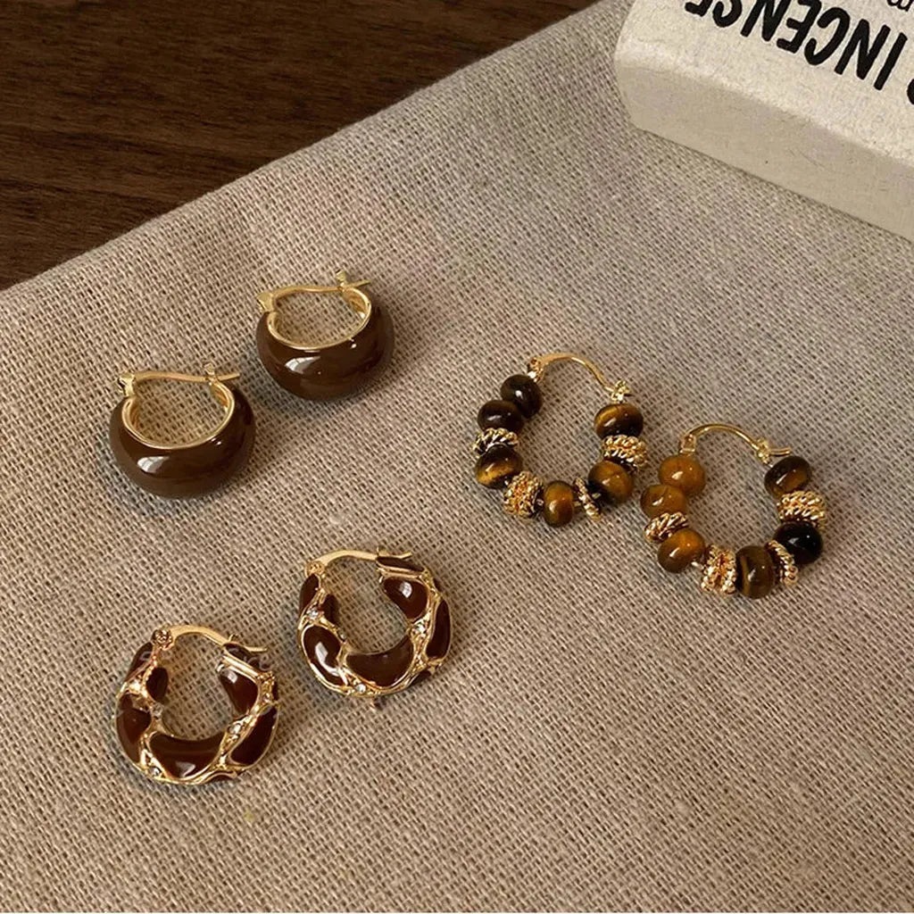 Vintage Coffee Tigers Eye Hoop Earrings-ReesJewels-ReesJewels