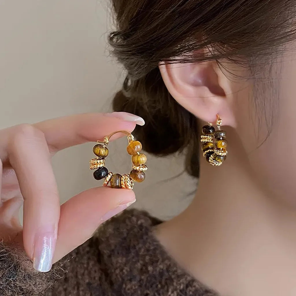 Vintage Coffee Tigers Eye Hoop Earrings-ReesJewels-ReesJewels