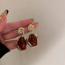 Vintage Golden Square Stone Earrings-ReesJewels-Brown-ReesJewels