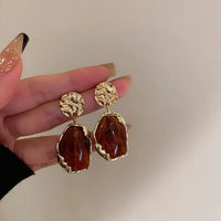 Vintage Golden Square Stone Earrings-ReesJewels-Brown-ReesJewels