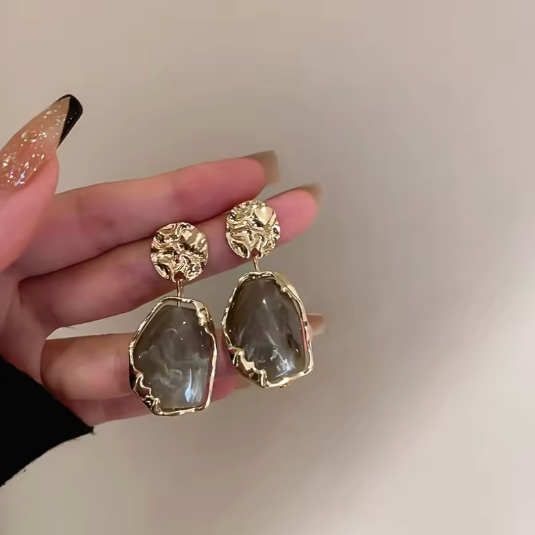 Vintage Golden Square Stone Earrings-ReesJewels-Green-ReesJewels