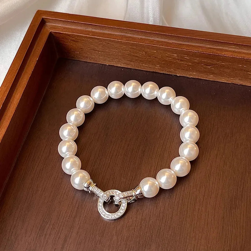 Zirconia Round Buckle Imitation Pearl Beaded Bracelet-ReesJewels-ReesJewels
