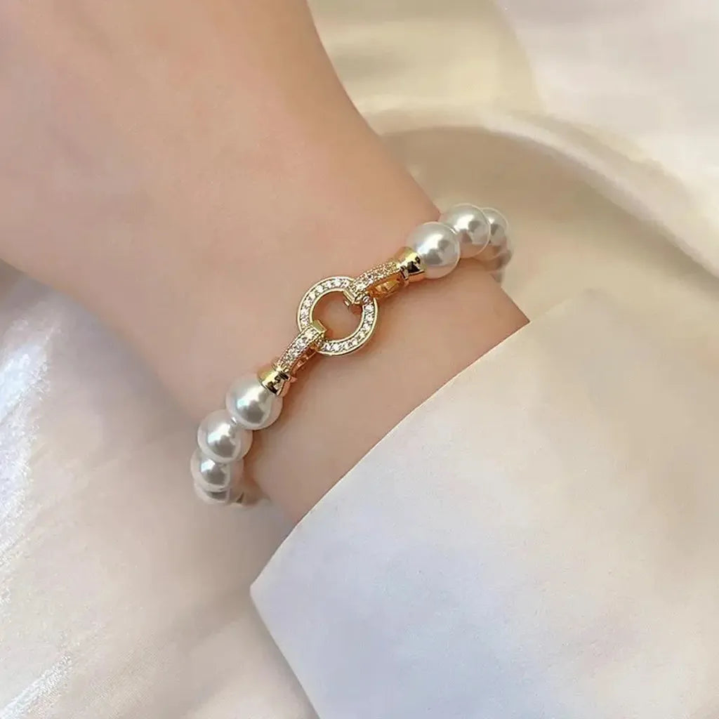 Zirconia Round Buckle Imitation Pearl Beaded Bracelet