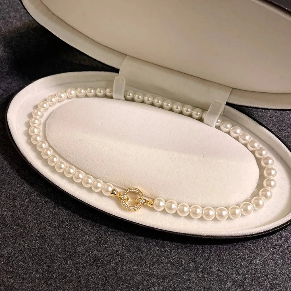 Zirconia Round Buckle Imitation Pearl Beaded Necklace