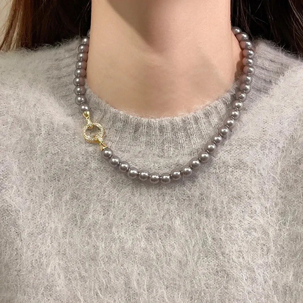 Zirconia Round Buckle Imitation Pearl Beaded Necklace-My Store-ReesJewels